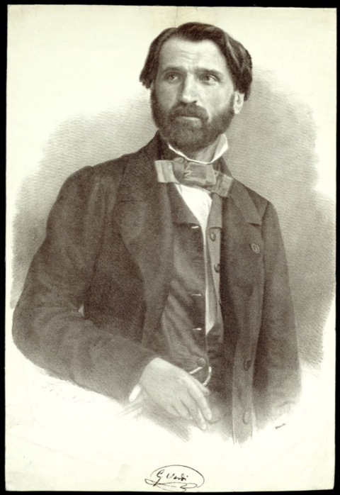 Litografía de Giuseppe Verdi en 1842 por Roberto Focosi. Archivio Storico Ricordi