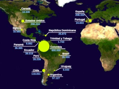 Registro de venezolanos en el mundo según el informe OIM de abril, 2018 (cifras aproximadas). Registro de venezolanos en el mundo según el informe OIM de abril, 2018 (cifras aproximadas).