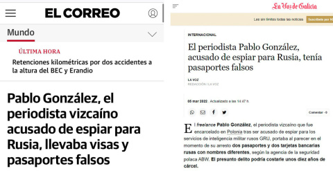 Noticias de 'El Correo' y 'La Voz de Galicia' sobre Pablo González. Noticias de 'El Correo' y 'La Voz de Galicia' sobre Pablo González.
