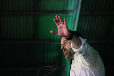  El presidente de Vox, Santiago Abascal, interviene en una reunión con los representantes de Solidaridad, en Leganés , a 16 de julio de 2023, Madrid (España).- Fernando Sánchez / Europa Press