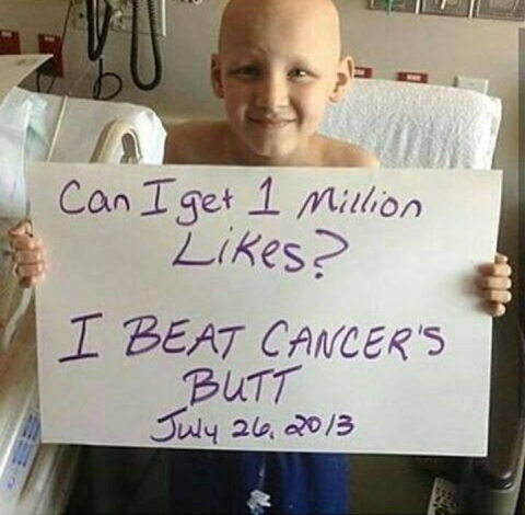  El chaval se pregunta si llegará al millón de likes y promete patear el culo del cáncer.