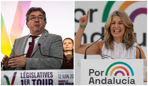  A la izquierda, el candidato francés Jean-Luc Mélenchon. A la derecha, la vicepresidenta del Gobierno Yolanda Díaz.- IMÁGENES DE EFE
