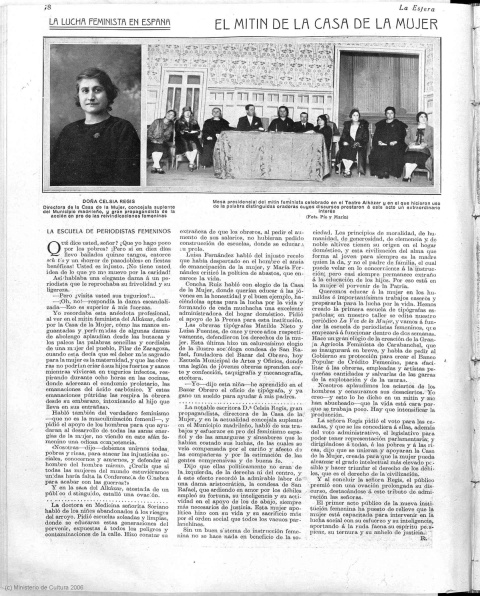 Retrato de Celsia Regis e imagen del que ha sido considerado el primer mitín de la historia en el Estado español.- Imágenes publicadas en La Esfera el 27/03/1926"