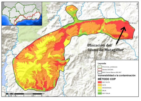 Ubicación del Llano de Matagallar en el mapa de vulnerabilidad de la masa de agua subterránea de Sierra Blanca. Adaptado del Plan Hidrológico de las Cuencas Mediterráneas 2022-2027 Ubicación del Llano de Matagallar en el mapa de vulnerabilidad de la masa de agua subterránea de Sierra Blanca. Adaptado del Plan Hidrológico de las Cuencas Mediterráneas 2022-2027