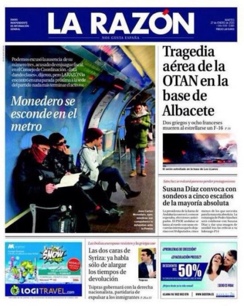 Portada de La Razón del 27 de enero de 2015. Portada de La Razón del 27 de enero de 2015.