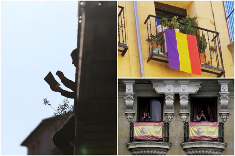 Banderas, aplausos y lecturas en los balcones de Madrid durante la cuarentena por coronavirus. / REUTERS