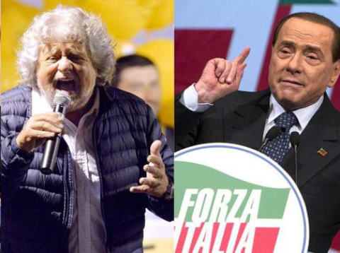 Beppe Grillo y Silvio Berlusconi en sendos mítines. Beppe Grillo y Silvio Berlusconi en sendos mítines.
