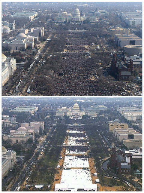  Estas dos fotos muestran una vista de la multitud durante las tomas de posesión del 20 de enero de Barack Obama (2009) arriba; y Trump (2017) abajo. Ambas tomadas a mediodía desde el Monumento a Washington. (AP Photo) NYAJ501