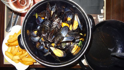 Mejillones servidos al estilo belga, o moules-frites. Randreu. Creative Commons. Mejillones servidos a la belga