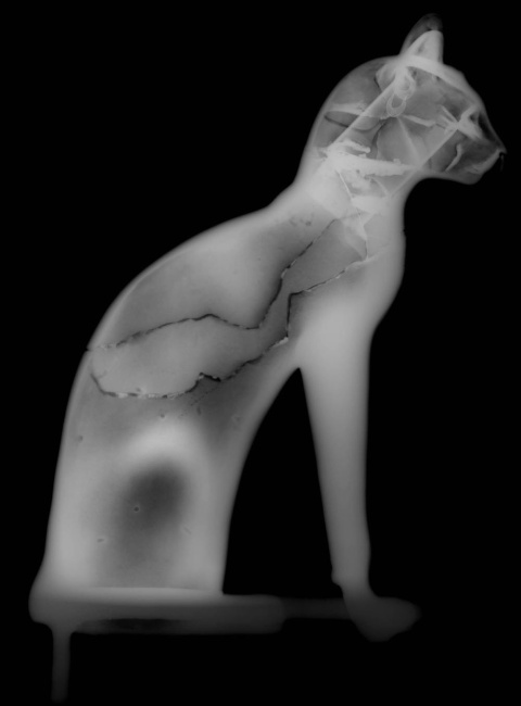 El gato de Gayer-Anderson (42 cm de altura) radiografiado de perfil. British Museum, CC BY-NC-SA
El gato de Gayer-Anderson (42 cm de altura) radiografiado de perfil. British Museum, CC BY-NC-SA
