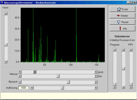 Captura de pantalla de un espectrómetro de masas moderno. Los "picos" constituyen la "firma" característica de una molécula determinada. Pantalla espectrometro de masas.