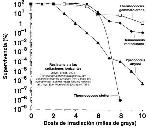 Resistencia a la radiación de diversos microorganismos seleccionados, incluyendo Thermococcus gammatolerans y Deinococcus radiodurans. Resistencia a la radiación de diversos microorganismos seleccionados, incluyendo Thermococcus gammatolerans y Deinococcus radiodurans.