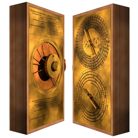 Reconstrucción por ordenador, en vista anterior y posterior, del mecanismo de Anticitera completo en su caja, sin las puertas que lo cerraban y sólo con los textos recuperados.© 2008 Tony Freeth, Images First Ltd. (Clic para ampliar)