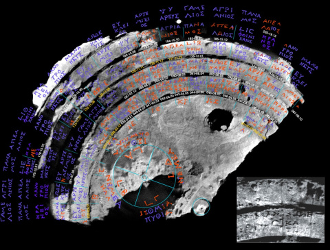 Reconstrucción de las inscripciones en el mecanismo de Anticitera, a partir de las imágenes obtenidas por tomografía de rayos X. Imagen: © 2005 Antikythera Mechanism Research Project. (Clic para ampliar)