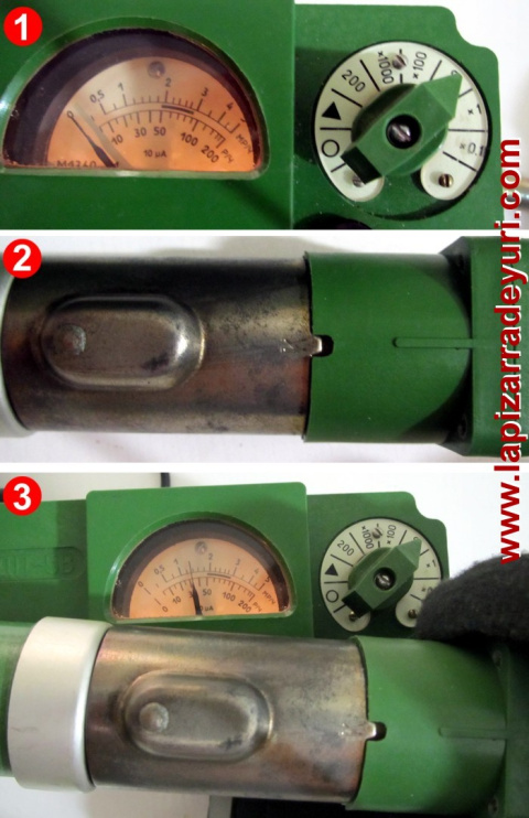 Comprobando el funcionamiento de un contador DP-5V. 1. Ajustamos el conmutador en la escala adecuada (en este caso, x 10). 2. Exponemos la fuente radiológica que se encuentra en la sonda (posición K en la guía de plástico). 3. Medimos con l