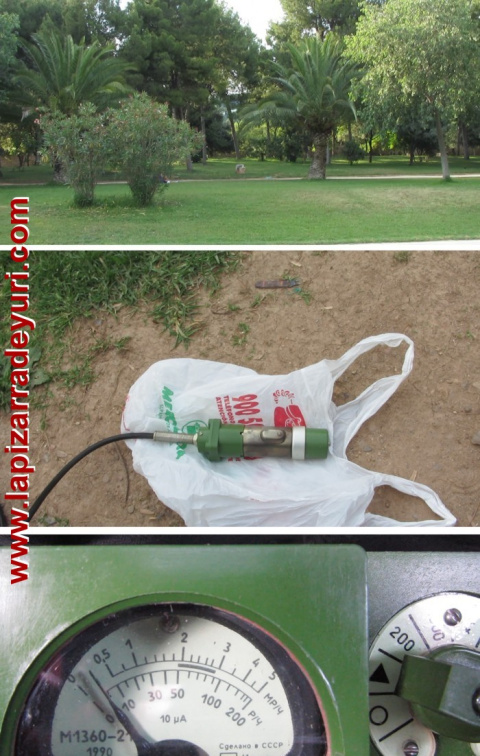 Midiendo la radiactividad el 23/05/2011 en el antiguo cauce del río Turia de Valencia, uno de los puntos más bajos de la ciudad, con un DP-5V. Los valores registrados se hallaban en torno a 0,025 mR/h, burdamente equivalentes a 0,22 μSv/h.