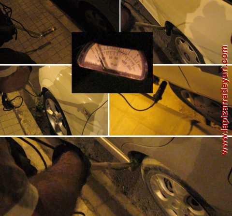 Midiendo (cuidadosamente) radiactividad en guardabarros de coches en distinto estado de limpieza y conservación, aparcados en los distritos valencianos de L'Olivereta y Patraix, la noche del 24/05/2011. Todas las mediciones estuvieron por d