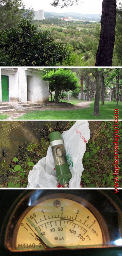 El mismo día medí con el DP-5V la ración beta-gamma en el jardín situado en la parte baja de Cofrentes, a 1.900 metros del reactor nuclear. Los valores eran consistentemente inferiores a 0,025 mR/h, más limpio que en la ciudad de Valencia o
