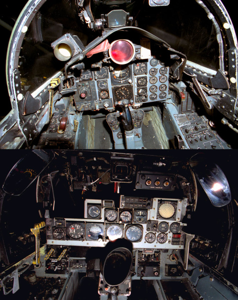 Cabina del piloto (arriba) y el operador de armas (abajo) de un cazabombardero F-4 Phantom II.