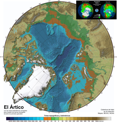 La región ártica, con las tintas batimétricas corregidas para resaltar las tierras emergidas durante los periodos glaciales, incluyendo Beringia. En la inserción, detalle de la cobertura de hielo hace 18.000 años y en la actualidad. Mapas: 