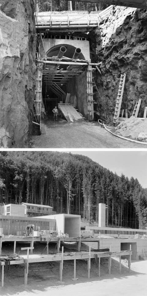 Dos etapas de la construcción de la central nuclear experimental de Lucens. Fue excavada "de dentro afuera" y ensamblada entre 1962 y 1965, pero los distintos problemas que surgieron extendieron el proceso hasta principios de 1969. Imágene Construcción de la central nuclear experimental de Lucens, Suiza.