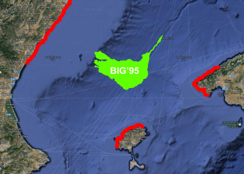 Deslizamiento de tierras BIG'95 y áreas primarias de impacto del tsunami (año 11.500 BP)