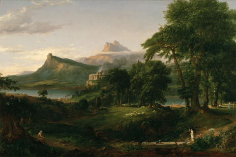 Arcadia vista por el pintor Thomas Cole (1834) en su obra The Course of Empire: The Arcadian or Pastoral State (fragmento.) Original en la New York Historical Society. (Clic para ampliar) Arcadia vista por el pintor Thomas Cole (1834).