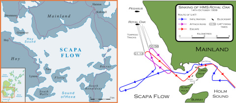 Infiltración del U-47 en Scapa Flow, logrando hundir al HMS Royal Oak, 14 de octubre de 1939. Imágenes: Wikimedia Commons