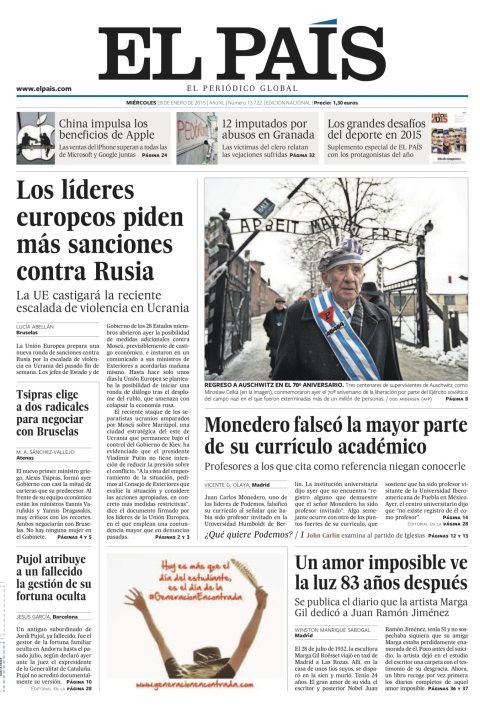 Portada El País 10 febrero 2015. Portada El País 10 febrero 2015.