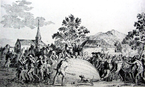 27 de agosto de 1783: el primer globo de hidrógeno, creado por los hermanos Robert y el científico Jacques Charles, es destruido por campesinos aterrorizados en Gonesse, donde fue a parar (curiosamente, la misma localidad donde el Concorde Campesinos asustados destruyen el globo de hidrógeno de los hermanos Robert y el profesor Jacques Charles, tras su aterrizaje en Gonesse.