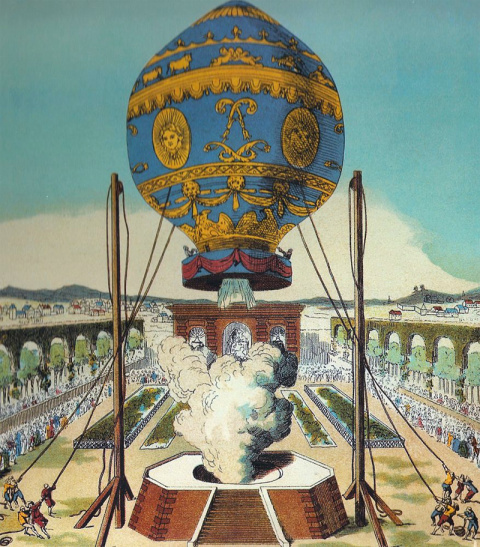 El globo aerostático de los hermanos Montgolfier se eleva del Bosque de Bolonia de París, el 21 de noviembre de 1783. Cuando los asistentes soltaron los cables, se alzó a unos 900 metros sobre la ciudad y recorrió unos 9 kilómetros a lo la Globo de los hermanos Montgolfier.