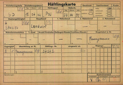 Tarjeta de prisionero de Cayo Pelegay Villoque en un campo nazi./ AROLSEN ARCHIVES Tarjeta de prisionero de Cayo Pelegay Villoque en un campo nazi./ AROLSEN ARCHIVES