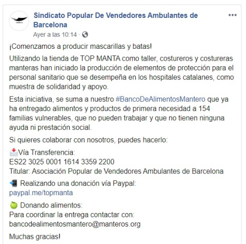 Captura de pantalla del perfil de Facebook del Sindicato de Vendedores Ambulantes de Barcelona