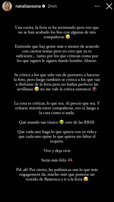 La reacción en stories de Natalia Osona ante las críticas de postureo de Rocío Osorno. Fuente: Instagram Natalia Osona