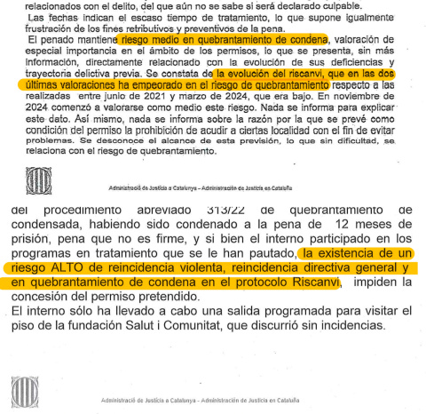 Dos de los autos de juzgados de vigilancia penitenciaria de Catalunya a los que ha tenido acceso Público donde se mencionan los riesgos asignados por RisCanvi.