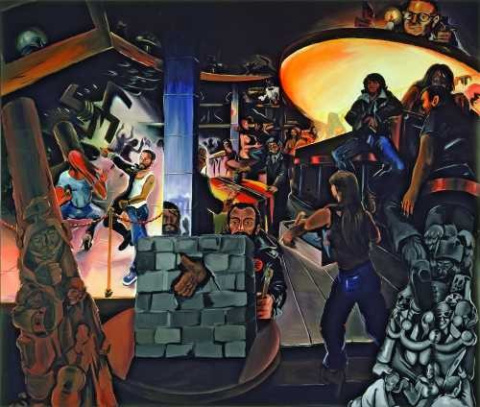 Immendorf atravesando el muro con su herramienta de crear arte