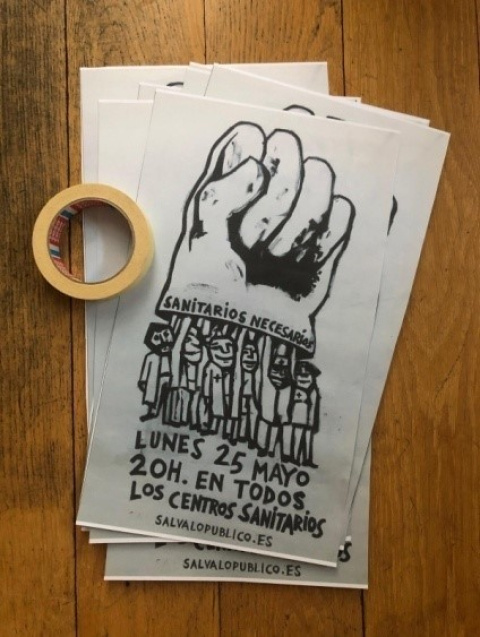 Carteles de Salva lo Público en apoyo a las convocatorias de Sanitari@s Necesari@s. Obras de Carlos García-Alix, Adamo Dimitriadis, Sonia Díaz y Gabriel Martínez (Un mundo feliz).