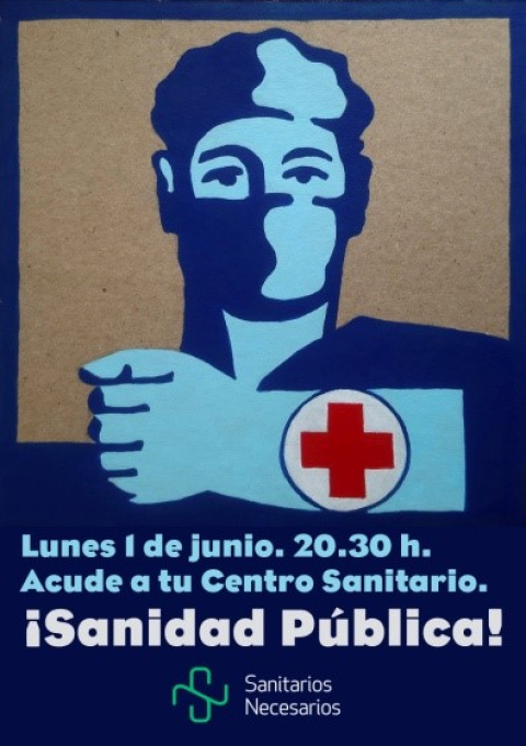 Carteles de Salva lo Público en apoyo a las convocatorias de Sanitari@s Necesari@s. Obras de Carlos García-Alix, Adamo Dimitriadis, Sonia Díaz y Gabriel Martínez (Un mundo feliz).