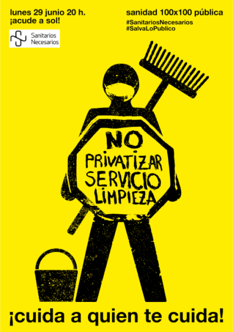 Carteles de Salva lo Público en apoyo a las convocatorias de Sanitari@s Necesari@s. Obras de Carlos García-Alix, Adamo Dimitriadis, Sonia Díaz y Gabriel Martínez (Un mundo feliz).