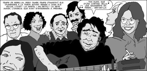 Dibujo en ‘Temps de rebel·lia’ en el que deja constancia de las reuniones de amigos en su casa, entre ellos, Ovidi Montllor – Lluís Juste de Nin