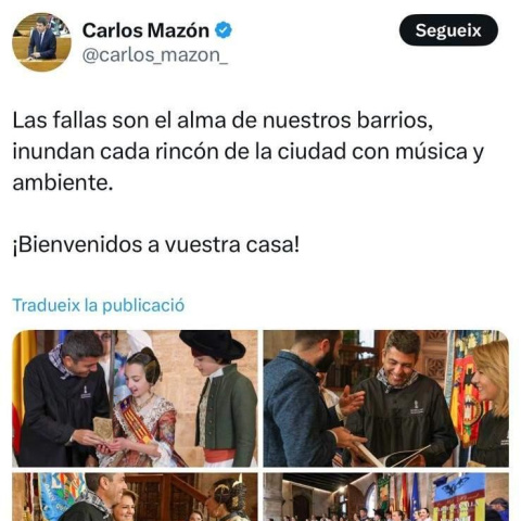 tuit mazon Mensaje de Carlos Mazón sobre las fallas en la red social X.