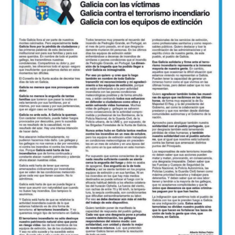 Imagen de la publicidad que pagó la Xunta en 2017 y que atribuía los fuegos de ese año al "terrorismo incendiario".