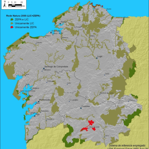 Mapa de zonas del territorio de Galicia incluidas en la Red Natura.