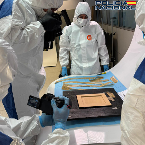 Agentes de la Brigada de Patrimonio Histórico de la Policía Nacional con el cuadro de Pablo Picasso desaparecido y luego recuperado.