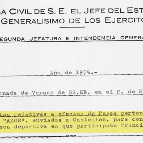 Portada del expediente de la operación que organizó la Casa Civil de Franco para trasladar los aparejos de pesca del  'Azor' para un concurso de pesca en el que participaba su nieto.