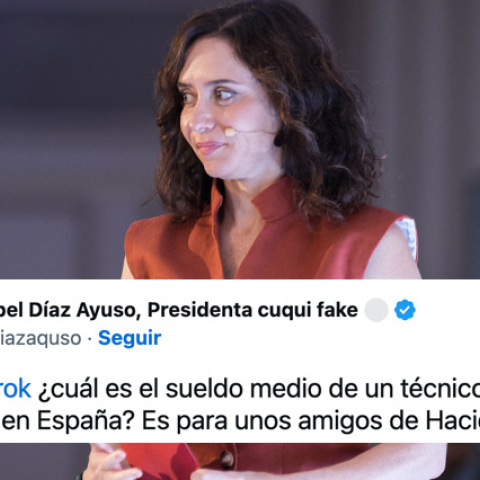 Una foto de Isabel Díaz Ayuso y la captura de un tuit de una cuenta parodia. Una foto de Isabel Díaz Ayuso y la captura de un tuit de una cuenta parodia.