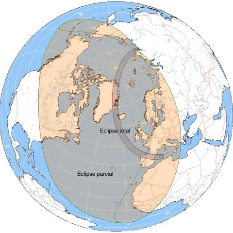 Mapa de la incidencia del eclipse en España, en oscuro la franja donde el fenómeno será total, el resto se podrá presenciar de manera parcial. Mapa de la incidencia del eclipse en España, en oscuro la franja donde el fenómeno será total, el resto se podrá presenciar de manera parcial.
