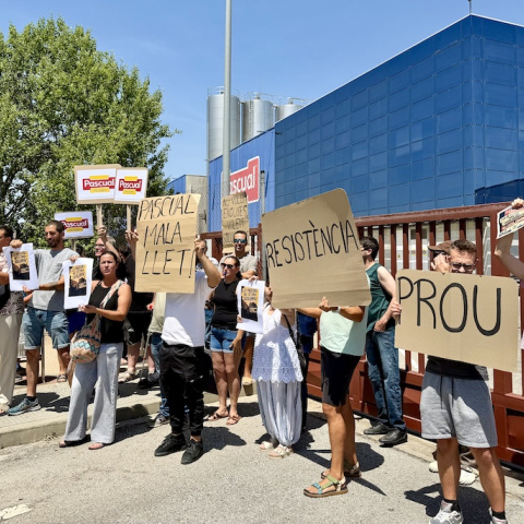 Imatge d'una protesta dels treballadors de Leche Pascual davant la planta de Gurb