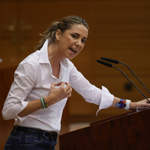 La portavoz del grupo socialista en la Asamblea, Mar Espinar, durante el debate sobre el Estado de la Región en la Asamblea de Madrid.