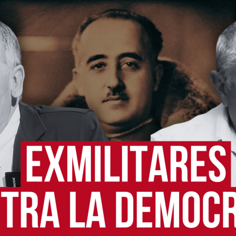 Francisco Bendala Ayuso (i) y Diego Camacho (d). De fondo, una imagen de Francisco Franco. Fotomontaje de Francisco Bendala Ayuso (i) y Diego Camacho (d). De fondo, una imagen de Francisco Franco.